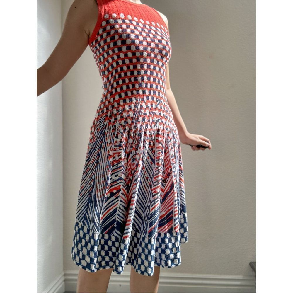 Nic+Zoe Fit and Flare Geometric/Abstract Print Orange Blue Twirl Sweater Dress S